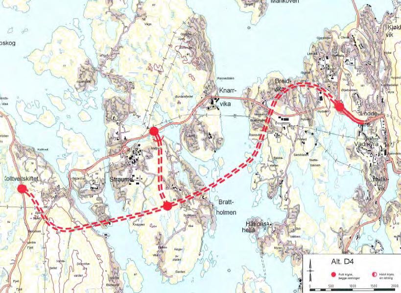 Alternativ D4 D4 er ein undersjøisk tunnel mellom Kolltveit og Storavatn. Undersjøisk kryss i fjell med ramper til og frå Straume. Tunnelen vert om lag 9 km. lang og -140 meter som lågaste punkt.