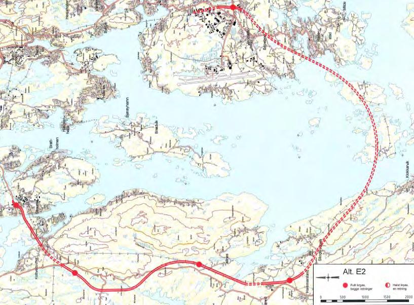 5.5.3 Traséalternativ som vert silt bort Framlegg til utsling av alternativ på bakgrunn av konsekvensvurderingane: Alternativ E2 E2 er ein undersjøisk tunnel i ein søndre korridor mellom Skogsvågen i