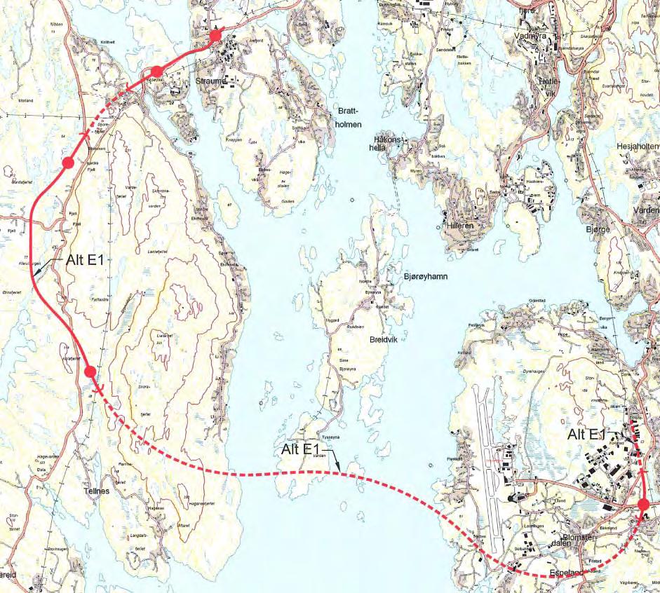 Hovudkonsept 3: Nytt samband i ein søre korridor Det står att eitt traséalternativ innanfor hovudkonsept 3, E1.