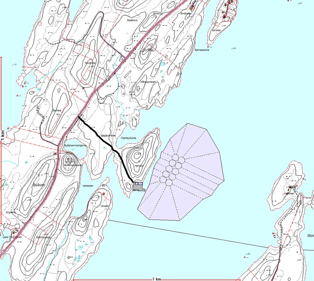Kartutsnitt 1. Hjartøya i midten av utsnittet hvor tiltaket er overført fra kartskisser vedlagt i dispensasjonssøknaden del 1(med forbehold om feil).