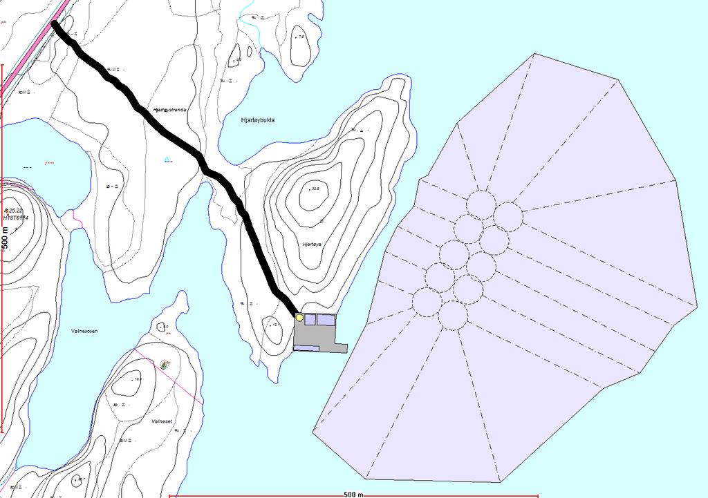 Kartutsnitt 2. Hjartøya i midten av utsnittet hvor tiltaket er overført fra kartskisser vedlagt i dispensasjonssøknaden del 1 (med forbehold om feil).