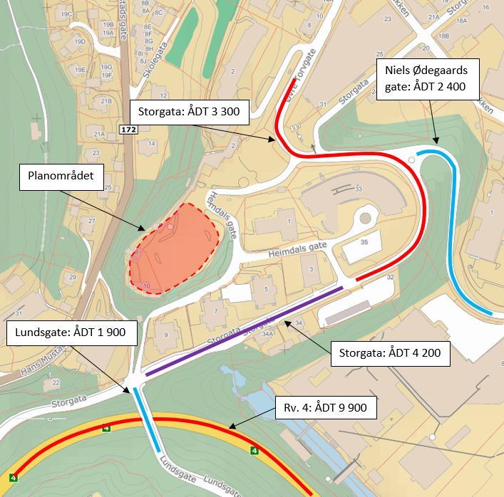 Figur 3: Beregnet ÅDT for 2011 i nærheten av planområdet (kilde: Asplan Viak og NVDB, kartkilde: kart.finn.no).