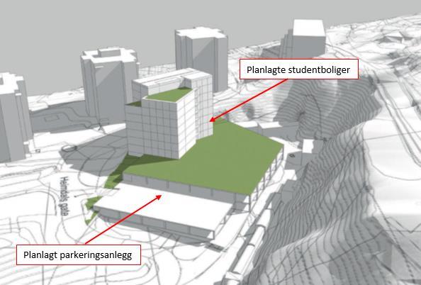 hybler som er beregnet for kun én beboer, og antall bosatte blir dermed 250. Figur 4 viser en 3D-illustrasjon av et av to alternativer for planforslaget.