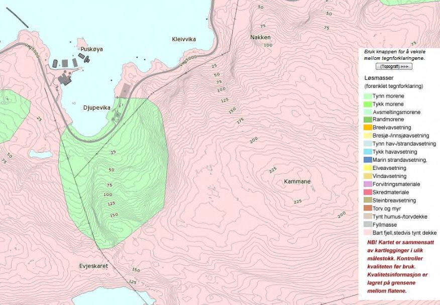 4.2 LØSMASSER Figur 8 viser NGUs løsmassekart. Rosa farge viser bart fjell, stedvis tynt dekke. Grønn farge viser tynn morene.