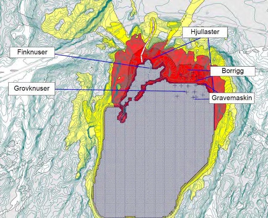 6.2 Etappe 3 Her er bormaskin plassert på kote 205 m (2 m over terrengnivå) og grovknuser på kotehøyde 192 m nærmest grensen for uttak, se Figur 8.