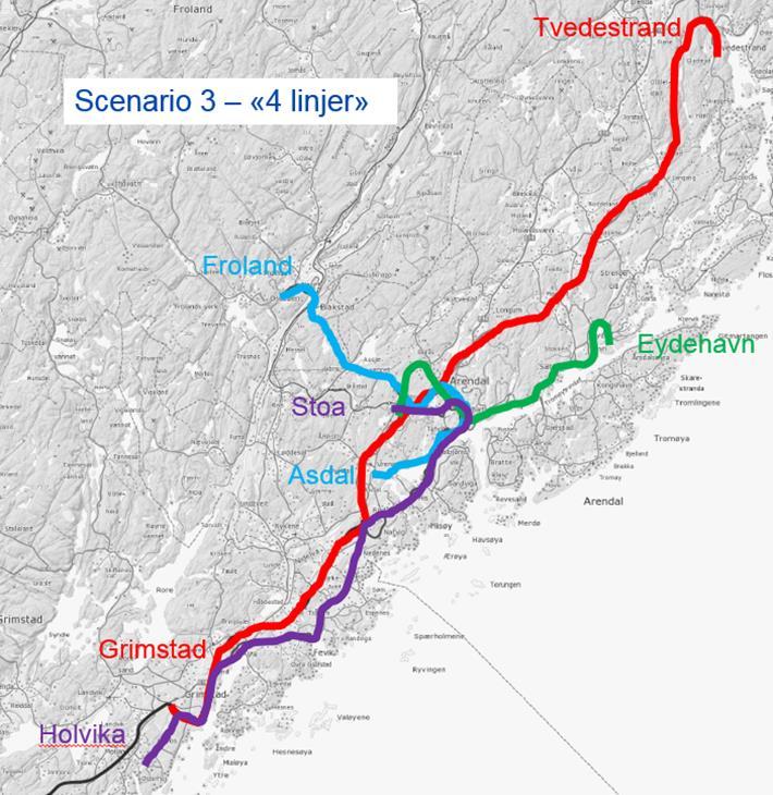 7.2 SCENARIO 3- FIRE LINJER NÆRMERE BESKRIVELSE Dette scenariet innebærer en ytterligere forenkling ved at regionen kun betjenes med fire pendellinjer som alle har avgang hvert 10. minutt.