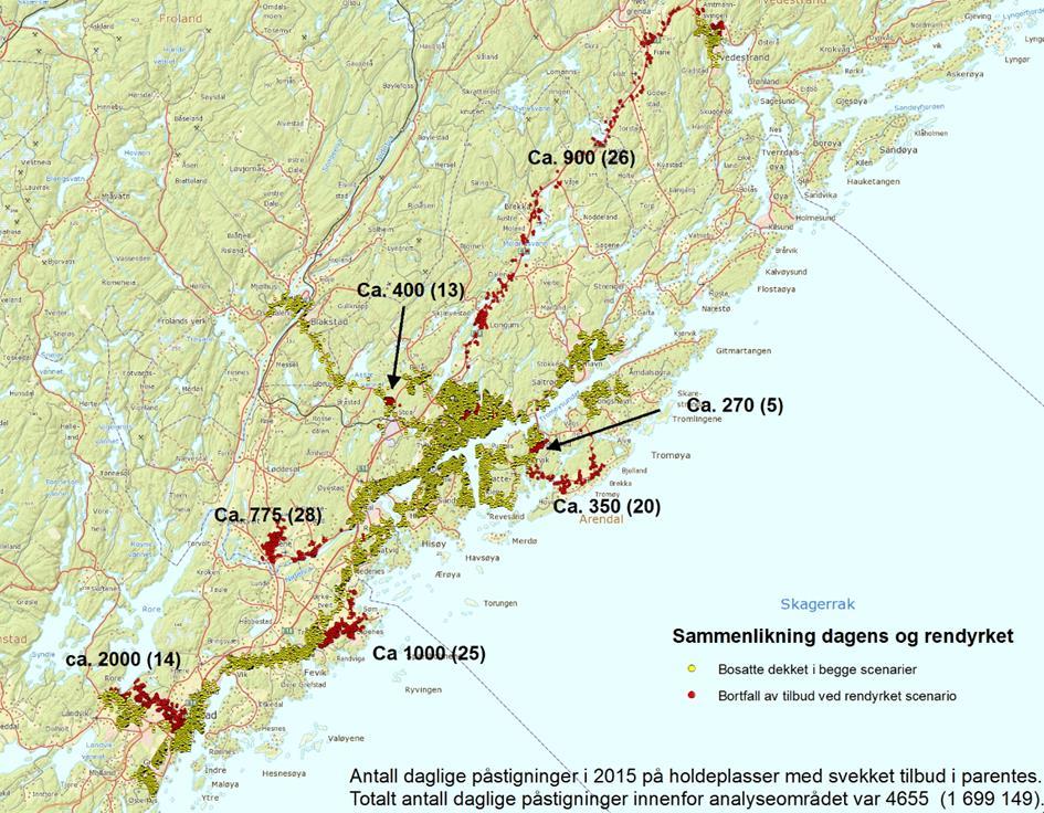 Vi ser at frekvensen øker kraftig ved scenariene 1-3. 6 busser per time regnes som meget bra. Vi ser at scenario 1 (oppgradering av dagens tilbud) medfører har 16.