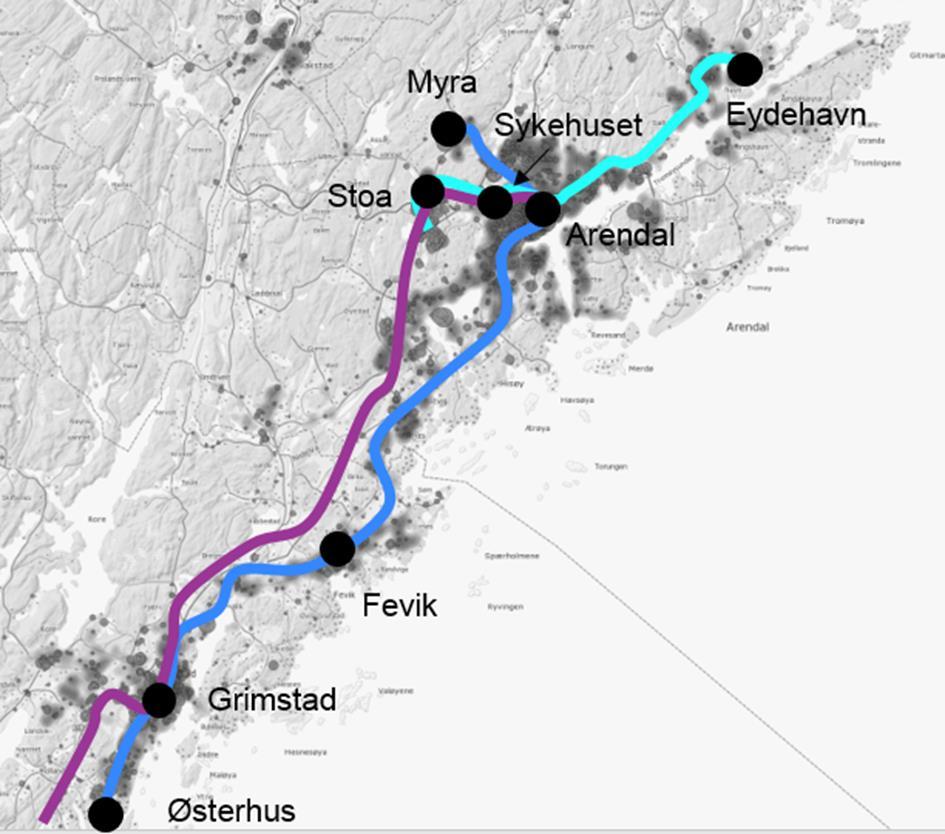 9 ANBEFALT KOLLEKTIVNETT 9.1 HOVEDLINJER 6 AVGANGER PER TIME Vi anbefaler at det etableres tre tunge linjer som alle skal ha 10 minutters frekvens i rush.