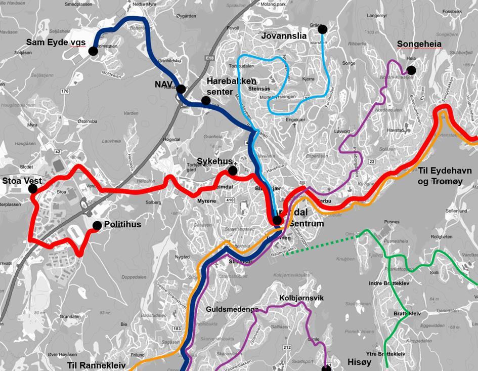 9.3 LINJENETTET SENTRALT I ARENDAL Det anbefales å endre linjenettet i Arendal fra ringlinjer til pendellinjer.