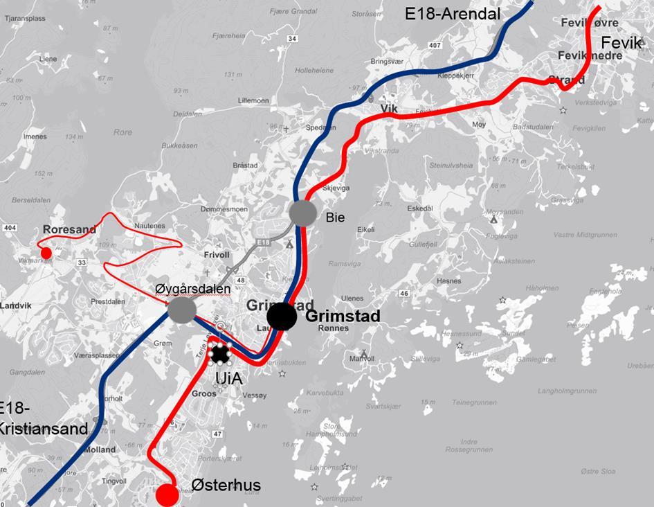 9.4 LINJENETTET SENTRALT I GRIMSTAD Det anbefales at to hovedlinjer betjener Grimstad. Begge med 10 min frekvens i rush.