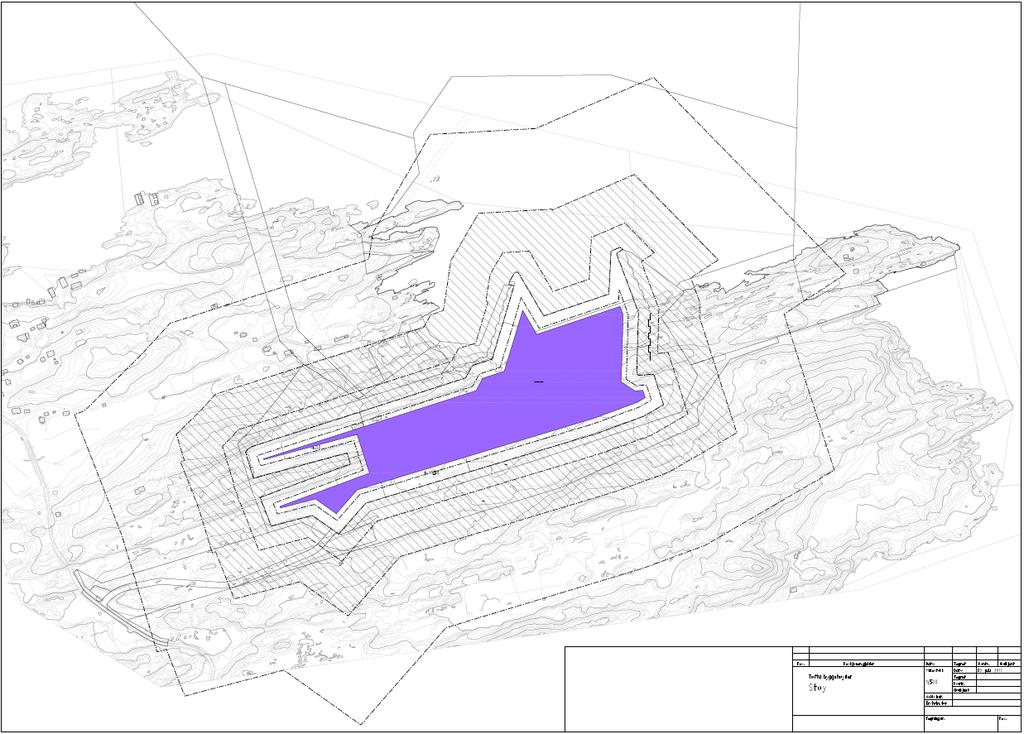 Sjablonmessig vurdering av linjestøy fra næringsområde. Støykilden er definert som ytterkant av lilla område, som er 30 meter innenfor kai- og næringsområde.