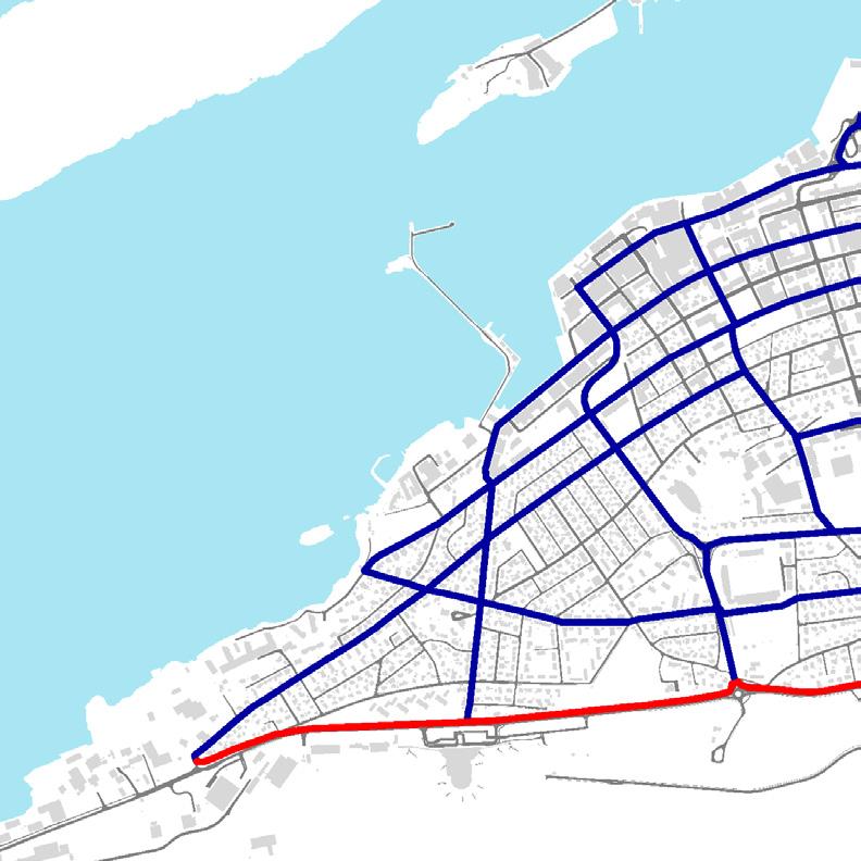 Ca. 3,4 km lang. Ca. 8 meter bred kjørebane. Ca. 3 meter bred gang-/sykkelvei.