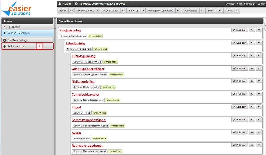 Figur 77 - Admin Add Menu item Trykk på 1.