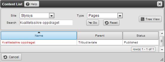 Trykk på Browse for å knytte menypunktet til riktig side: Figur 87 - Content Manager Manage Saved