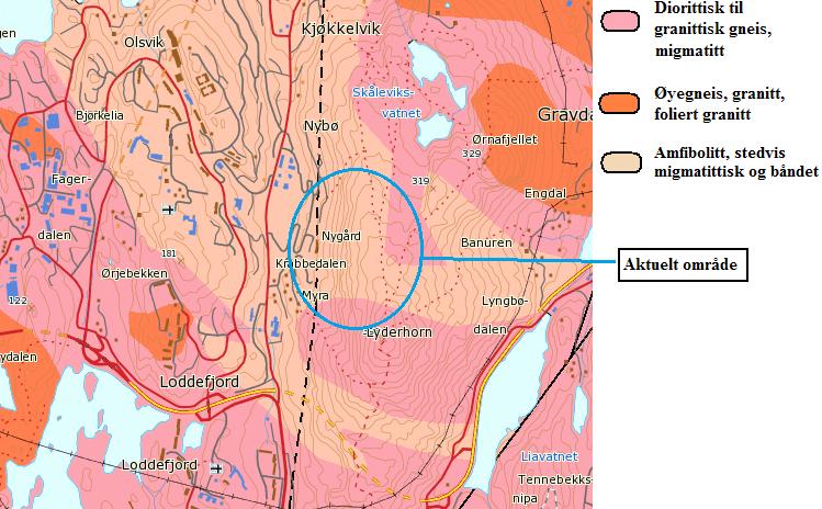 Figur 6: Berggrunnskart for aktuelt område. 4.2 Sprekkeforhold Sprekkesystemene beskrives under og vises i figur 7. Det er også lokale sprekker som kan danne lokalt ustabile forhold.