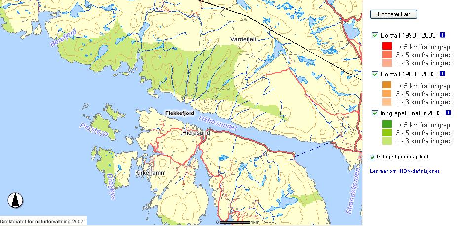 Kart 3 Fra kartet over inngrepsfrie områder i Norge ser vi at store deler av området rundt Li ligger mer enn en kilometer fra inngrep.