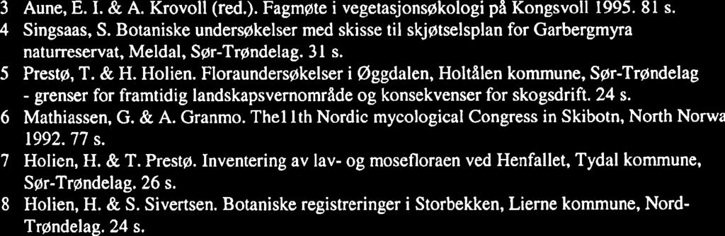 Excursion guide for the 6th IMCG field symposium in Norway 1994. 159 s. 3 Flatberg, K. I. Norwegian Sphagna. A field colour guide. 42 s. 54 pl. 4 Aune, E. I. & A. Moen. (red.).