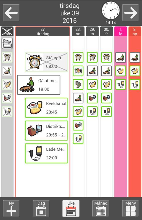 2.2 Ukekalender Ukekalenderen viser ukens aktiviteter, med fokus på i dag. Man kan gjøre visse innstillinger for hvordan ukekalenderen skal se ut, se kapittel 4.1 Kalender.