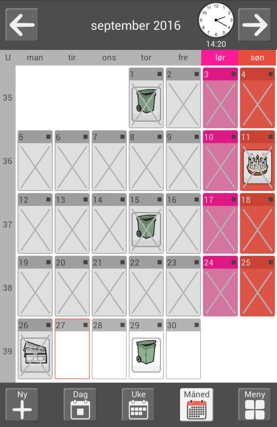 2.3 Månedskalender Månedskalenderen viser månedens aktiviteter. Man kan gjøre visse innstillinger for hvordan månedskalenderen skal se ut, se kapittel 4.1 Kalender.