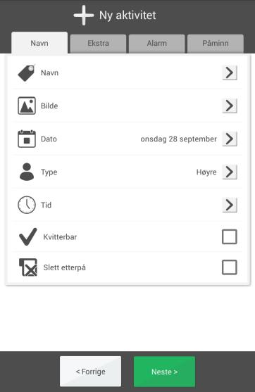 2.6.1.3 Angi aktivitetens egenskaper i Endrevinduet Her angir man aktivitetens navn, bilde, starttid, alarmtype og påminnelser osv. For ytterligere beskrivelse av Endrevinduet, se kapittel 2.