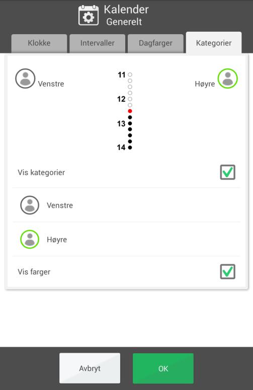 4.1.1.4 Kategorier Her velger man om aktivitetene skal kategoriseres for å kunne vises på høyre og venstre side i dagkalenderen. Vis kategorier.