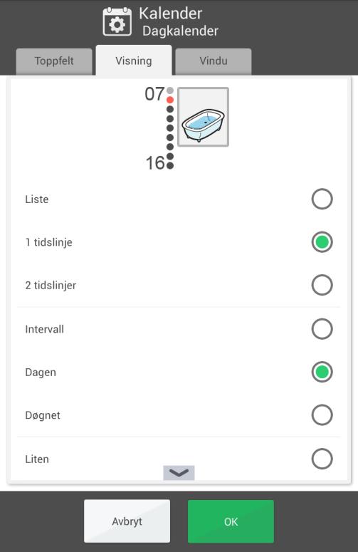 4.1.2.2 Visning Her gjør man grunninnstillinger for dagkalenderen. Grunninnstillingene kan endres i visningsmenyen, se kapittel 2.1.7 Visningsmeny.