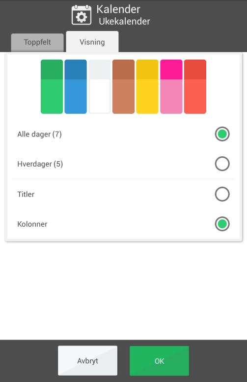 Hvordan klokken skal se ut, innstilles i 4.1.1.1 Klokke (og tidslinje). 4.1.3.2 Visning Her velger man hvordan ukekalenderen skal se ut.