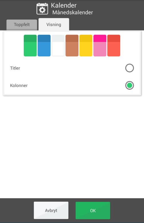 4.1.4 Månedskalender 4.1.4.1 Toppfelt Her velger man hva som skal vises i månedskalenderens toppfelt. Vis bla-knapper. Dersom man skal kunne bla måneder fremover/bakover i tid. Vis år. Dersom f.eks.