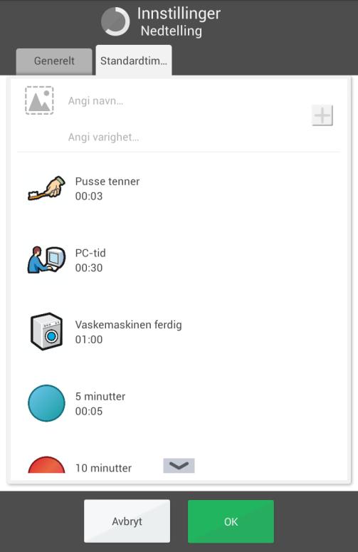 4.5.2 Standardtimer Her redigerer man de ferdige timerne som skal vises når man starter en nedtelling. (De kan også redigeres via myabilia.