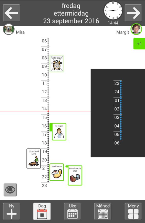2.1.2 Dagkalender med to tidslinjer Øverst vises informasjon om dag og tid. Her blar man også mellom dagene. Tidslinjen vises i to deler, dagen til venstre og natten til høyre.