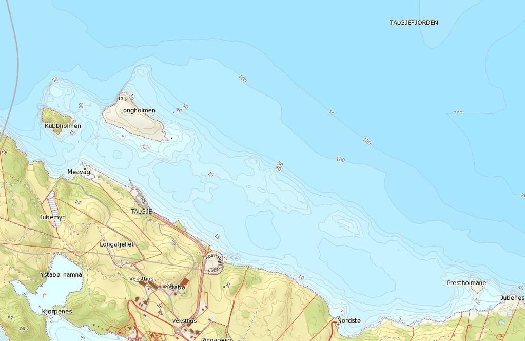 Den planlagde avlaupsplasseringa vil ha utlaup sør for Langholmen (figur 2). Grunnområda utanfor Talgje er kuperte, med fleire mindre hòl skilt av grunnare ryggar.