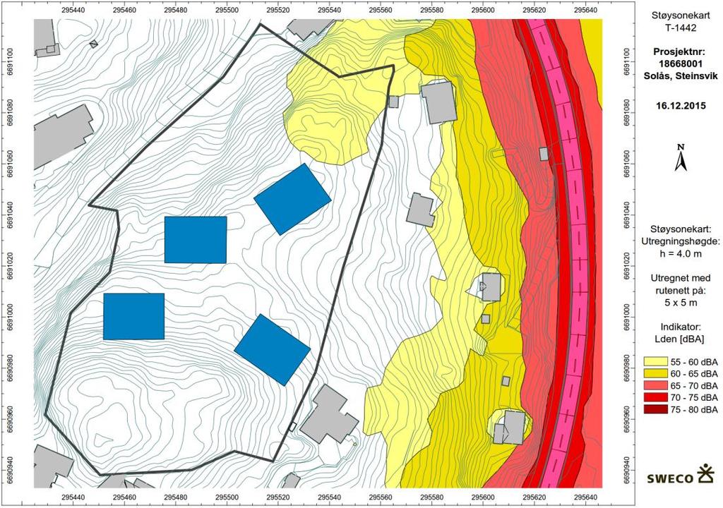 5.2 Støysonekart etter T-1442 Som grunnlag for reguleringsplanarbeidet er det rekna omsynssoner for støy frå vegtrafikk.