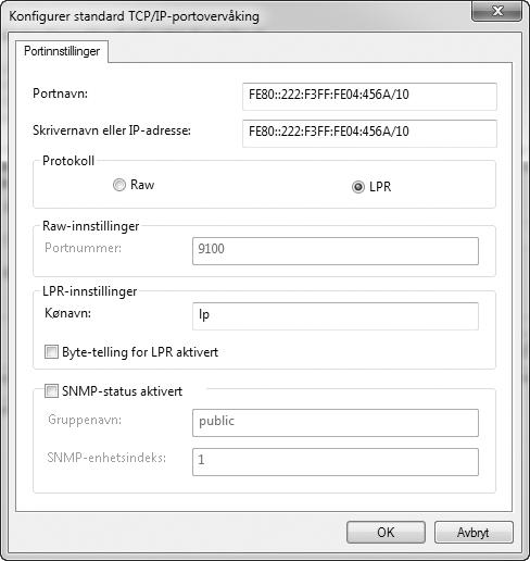 Ved bruk av en port opprettet med "Standard TCP/IP-port" Dersom det benyttes en port som er opprettet ved hjelp av "Standard TCP/IP Port", kan