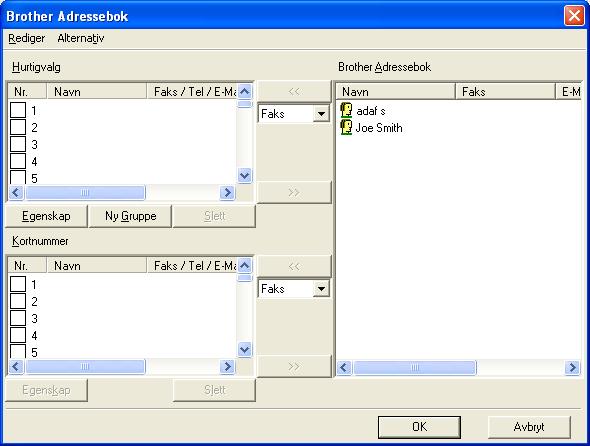 Høyre side viser en liste over medlemmene i Brother-adresseboken. Du kan legge til hurtigvalgs-/ kortnumre fra maskinen på denne listen eller sende medlemmer fra adresseboklisten til maskinen.