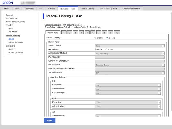 Avanserte sikkerhetsinnstillinger for bedrift Innstillingselementer for Default Policy Artikler IPsec/IP Filtering Access Control Innstillinger og forklaring Du kan aktivere eller deaktivere en