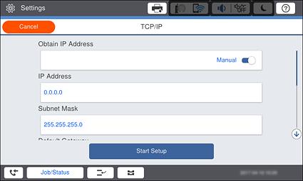 Tilkobling 4. Trykk TCP/IP. 5. Velg Manuell ved Skaff IP-adresse.