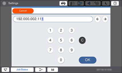 Tilkobling 6. Trykk på IP-adresse-feltet, skriv inn IP-adressen ved å bruke tastaturet vist på skjermen, og trykk så OK. Bekreft verdien som ble vist på forrige skjerm. 7.