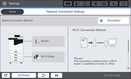 Tilkobling 2. Trykk Ruter. 3. Trykk Start oppsett. 4. Trykk Wi-Fi-oppsett. Hvis du har utført Ethernet-innstillinger, må du sjekke meldingen og deretter trykke på Ja. 5.