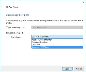 Innstillinger av funksjoner 4. Velg Opprett en ny port, velg Standard TCP/IP-port som Porttype, og klikk deretter Neste.