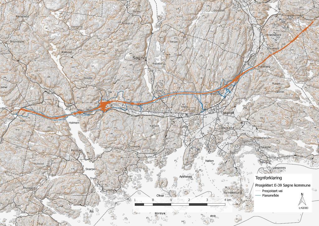 Figur 1: Oversikt over den prosjekterte veitraséen (orange strek) med tilhørende planområde (blå strek) gjennom Søgne kommune. 2 Metode 2.