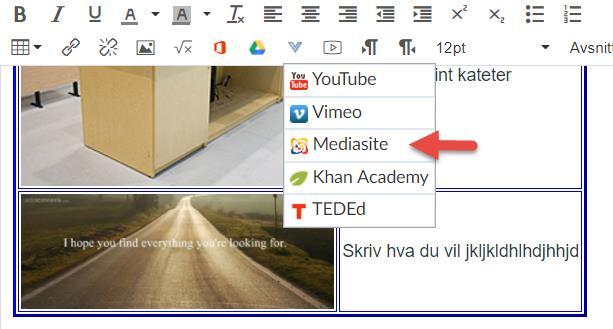 I «Editoren» kan man linke direkte til enkeltfilmer ved å klikke på «Flere eksterne verktøy» > «Mediasite» og deretter på «Presentation»: Velger du «Catalog» her, vil hele katalogen vises på en side