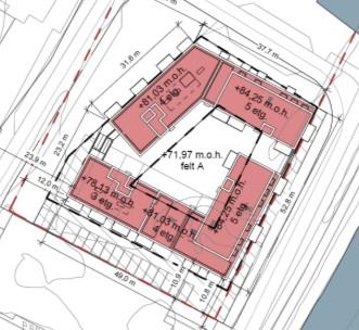 3.4.1 Indre byggelinje for Felt A De to fløyene i boligdelen i prosjektet ligger innenfor den ytre byggelinjen.