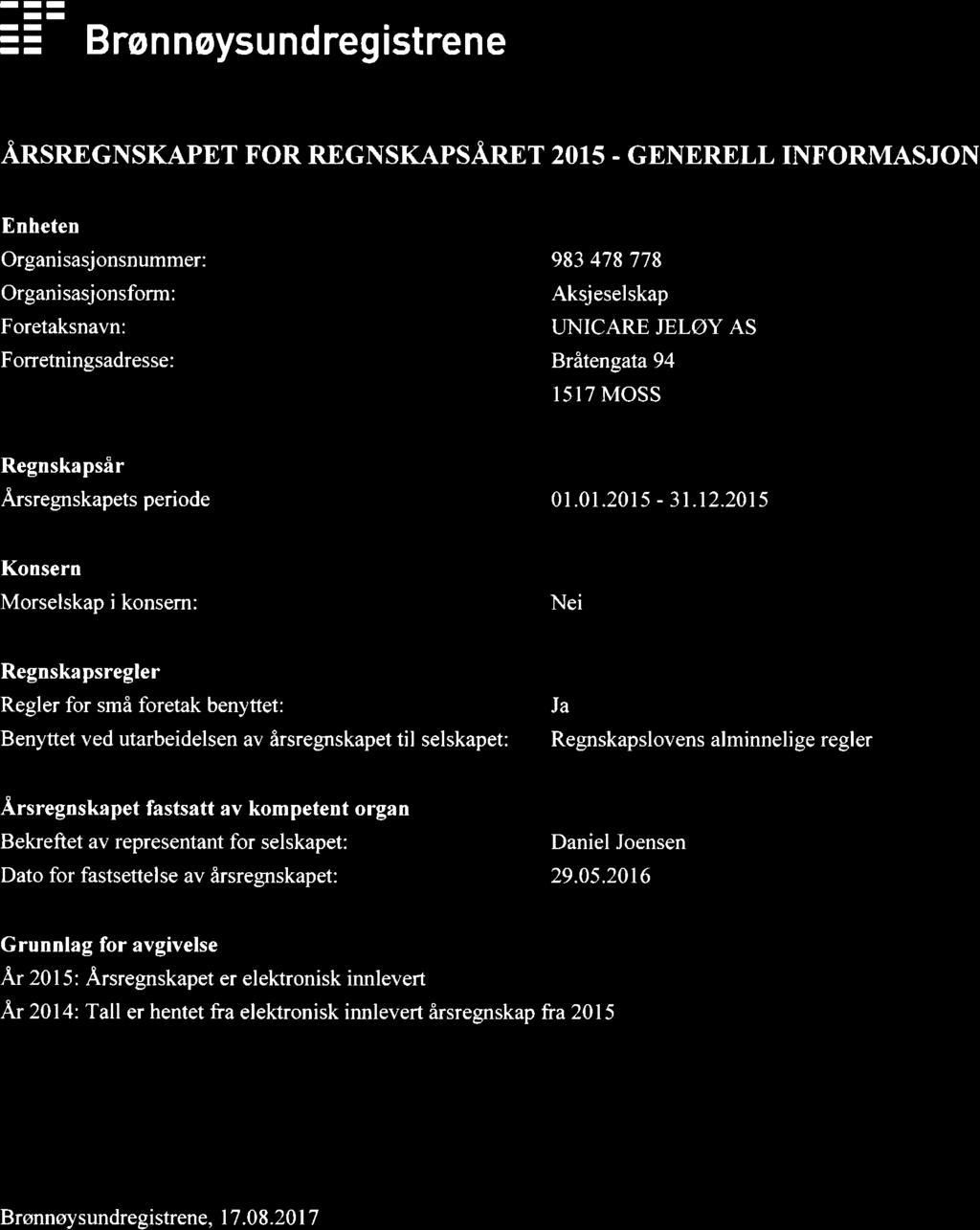 Bronnoysundregistrene ARSREGNSKAPET FOR REGNSKAPSARET 215 - GENERELL INFORMASJON Enheten Organisasjonsnummer: Organisasjonsform: Foretaksnavn: Forretningsadresse: 983 478 778 Aksjeselskap UNICARE