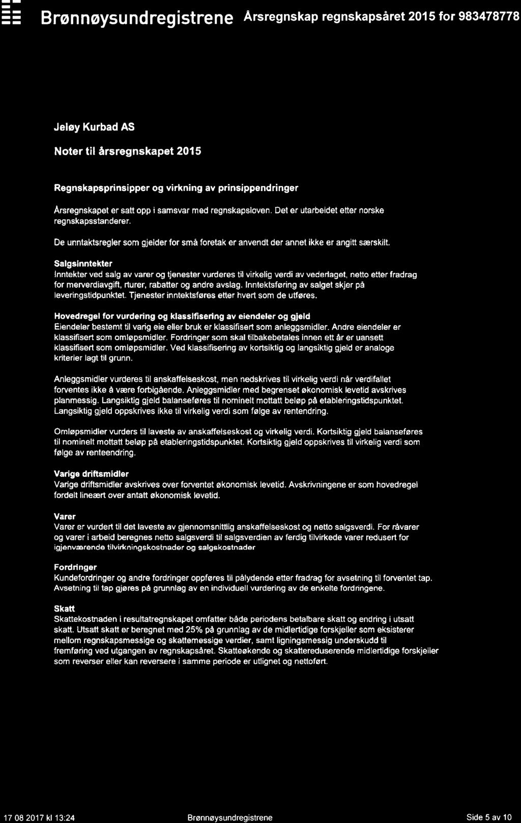 Bronnoysundregistrene Arsregnskap regnskapsaret 215 for 983478778 Jeiey Kurbad AS Noter til Srsregnskapet 215 Regnskapsprinsipper og virkning av prinsippendringer Arsregnskapet er satt opp i samsvar