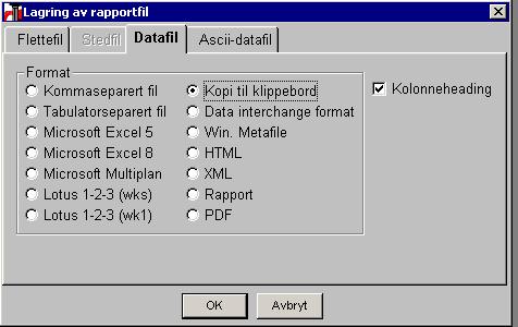 Kapittel 8: Datafiler 8 Datafiler Fra alle rapporter og bilder kan man lagre datainnholdet i filer (f.eks. i Excel). 8.1 Lagre Datafil Klikk på ikonet «Datafil» i knapperaden, eller velg «Eksporter data» under Fil-menyen.