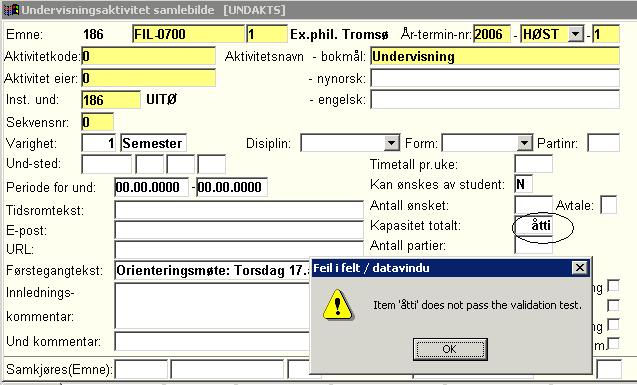 Kapittel 10: Feilmeldinger Eksempel 6: Alternativt vil denne meldingen komme hvis det er brukt ulovlige