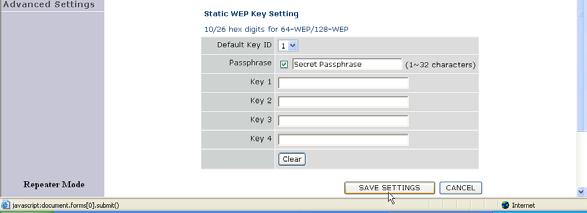 Merk av for Passphrase og skriv inn passetningen Klikk på SAVE SETTINGS NO ADVARSEL: WEP-kryptering er