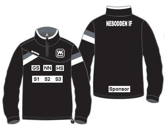 TRENINGSGENSER ¼-ZIP Nesodden IF øverst på ryggen Generalsponsor høyre bryst Hovedsponsor venstre bryst (under under