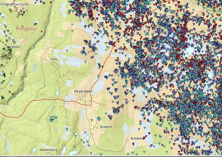 Villreinens arealbruk Både eksisterende og ny lokalitet ligger nær områder som brukes av villreinen (se figur 4). I Jordhøy, P. (red.) 2008.