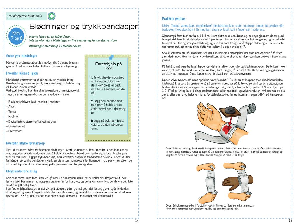 Heftets oppbygging Heftet er delt inn i to bolker og tar utgangspunkt i merkekravene til aktivitetsmerkene Grunnleggende førstehjelp og Førstehjelp vinter.